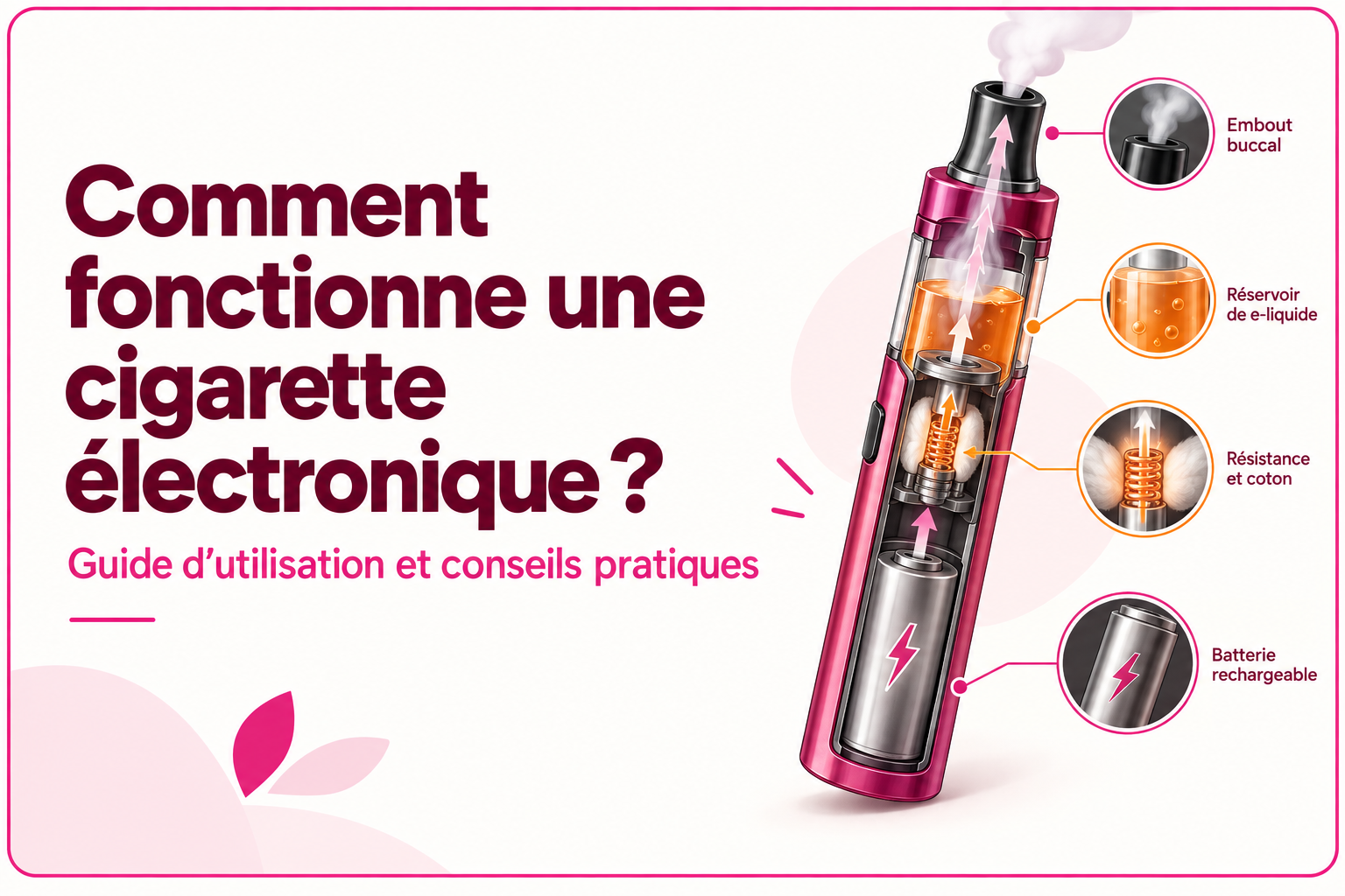 Fonctionnement d’une cigarette électronique avec batterie, résistance, réservoir et embout buccal
